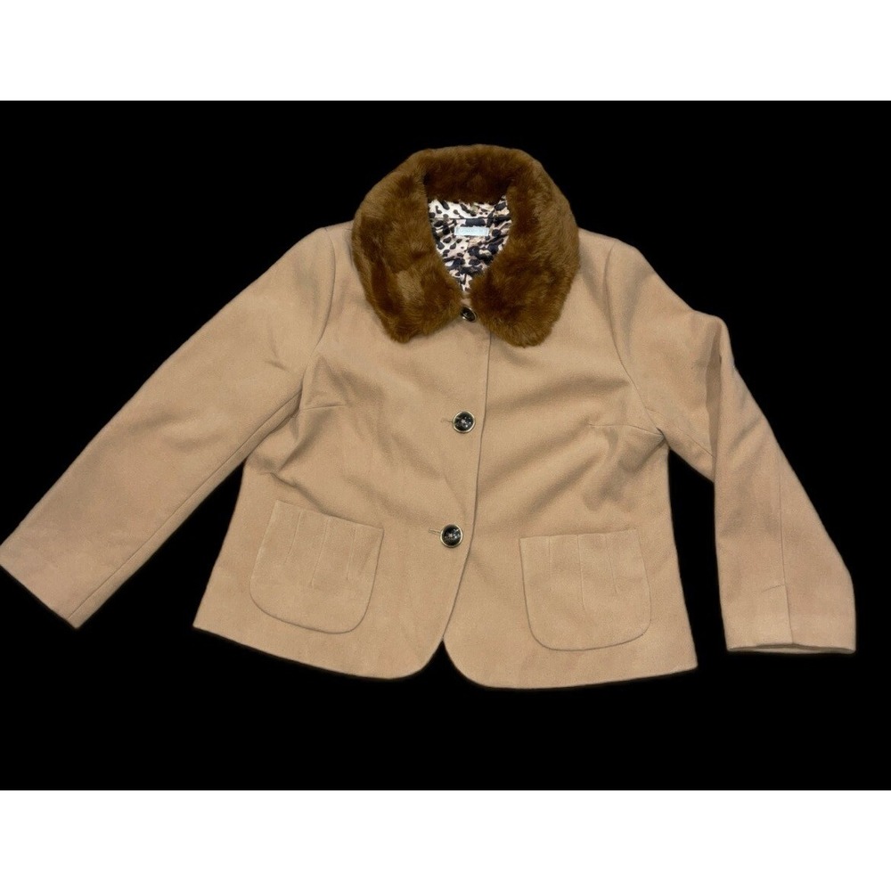 Laura Ashley Women's Beige Tan Jacket Blazer Coat Removable Faux Fur Collar